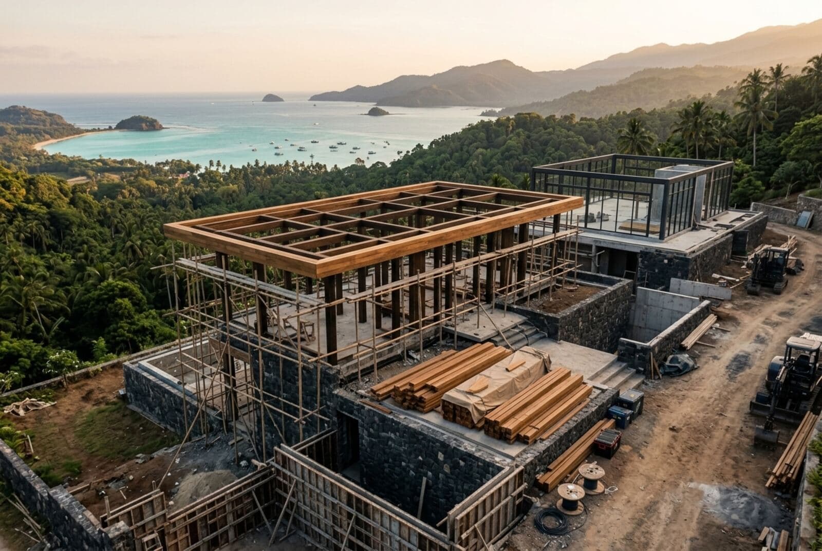 A villa under construction on a hillside, stone walls rising