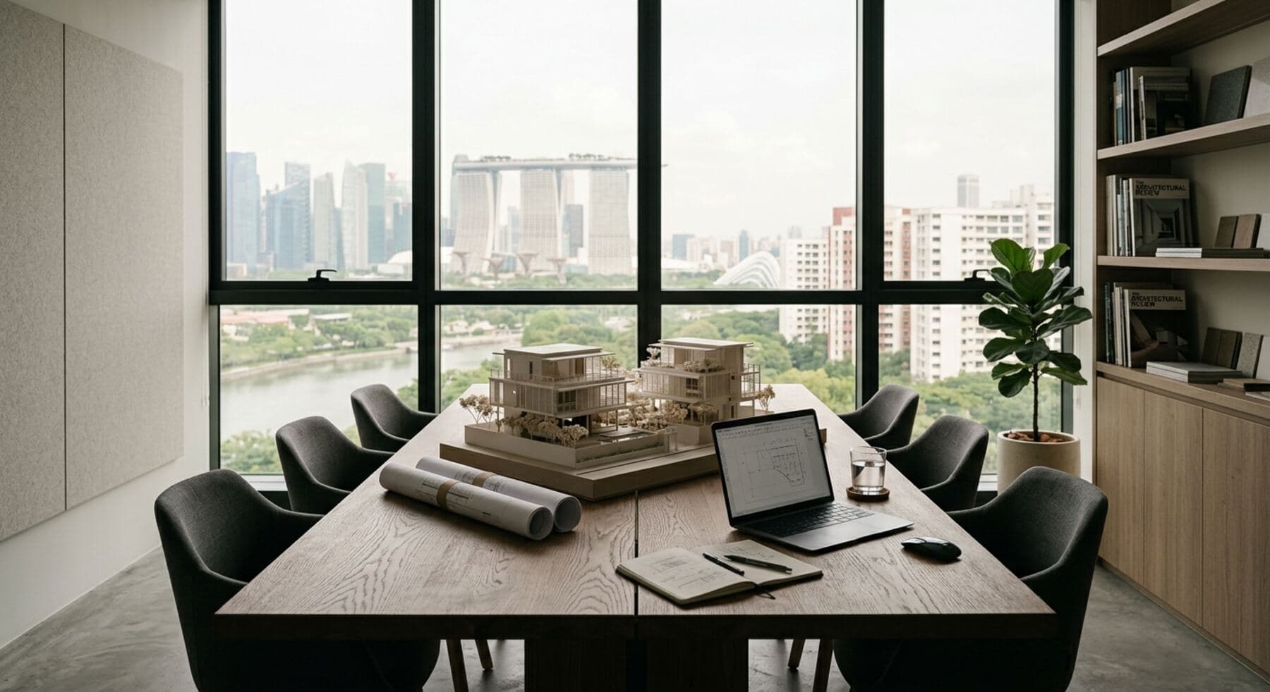 Architectural models of two villas on a table in the Singapore studio