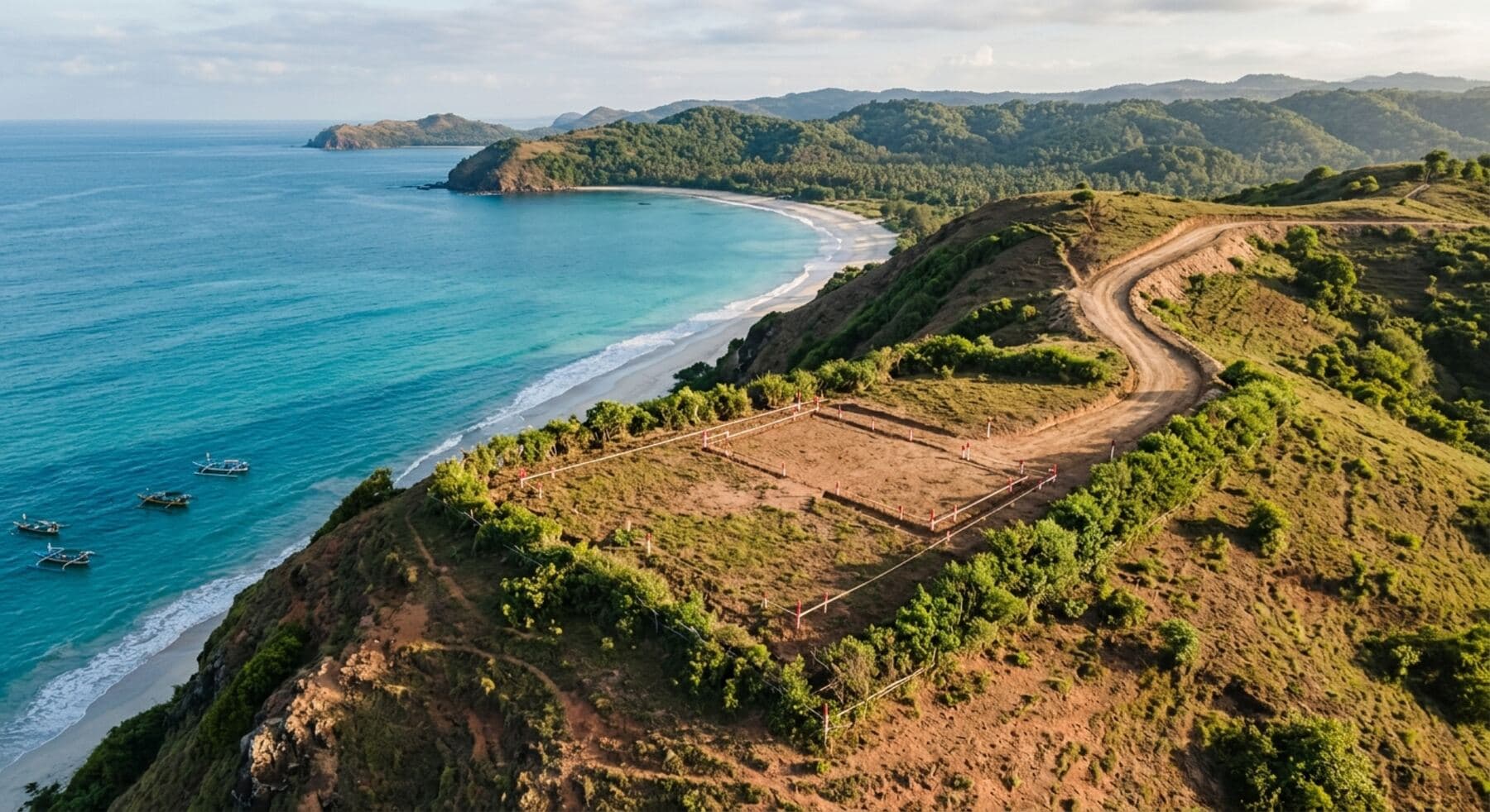 A cleared coastal plot with survey pegs on a Lombok headland