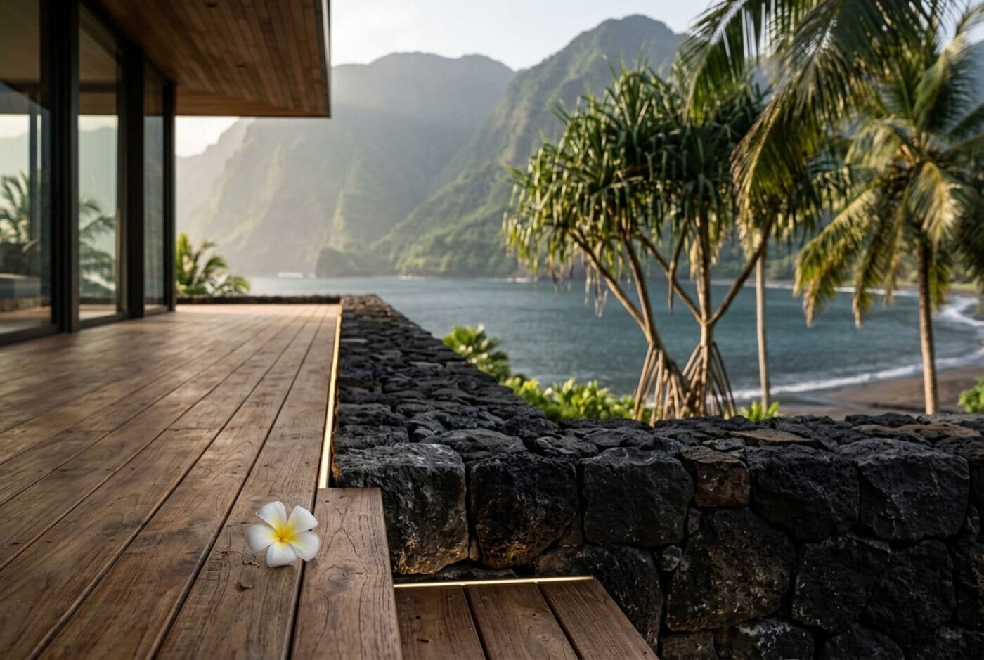 Black volcanic stone wall meeting a teak deck with a single frangipani flower