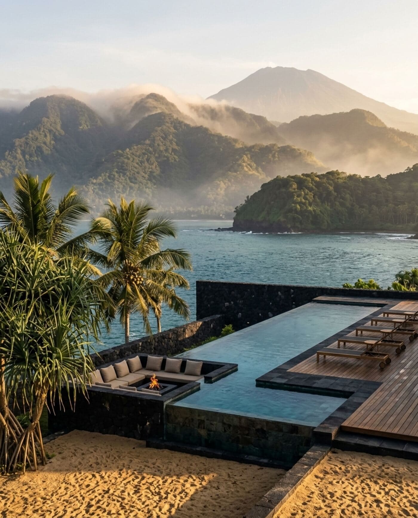 Black lava-stone pool terrace looking out to a forested headland and a distant volcano