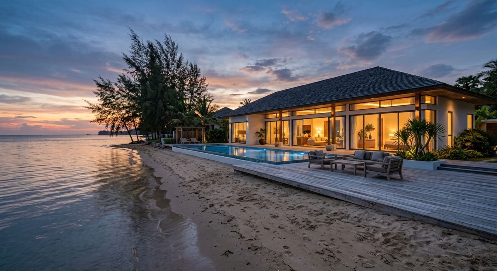 Bay House from the beach at dusk