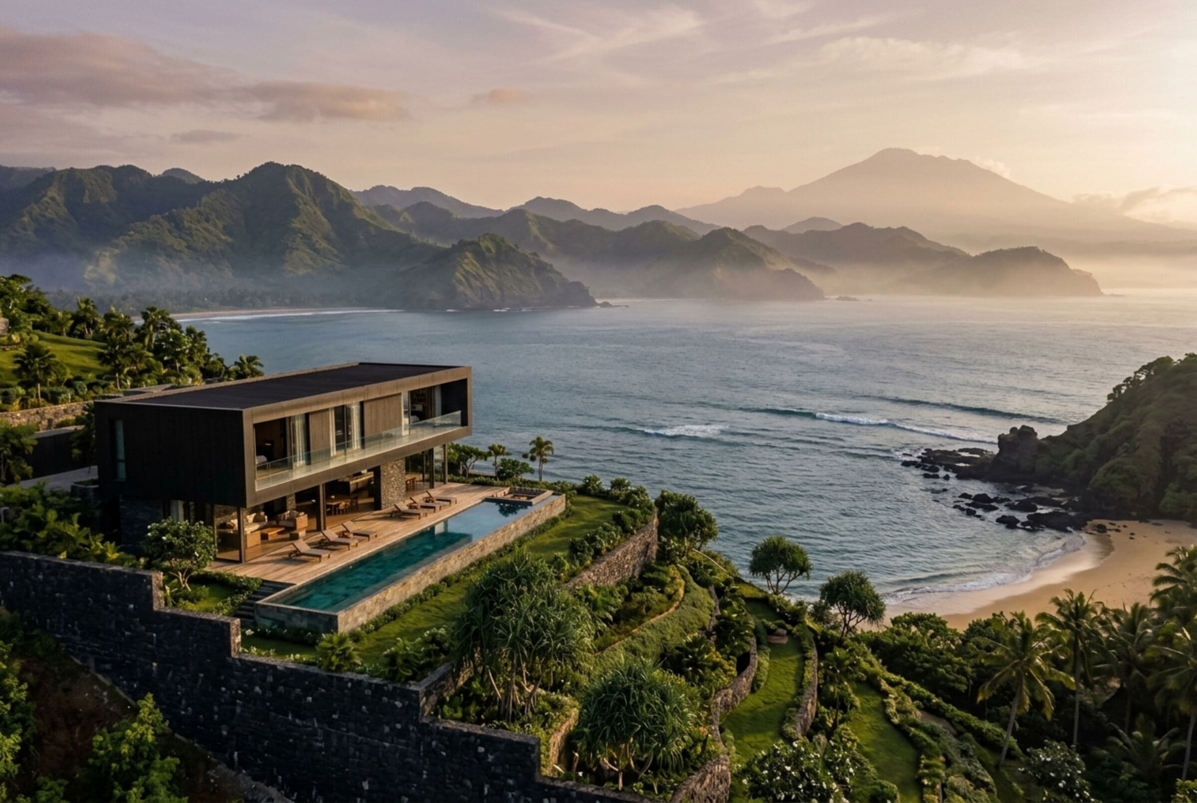 Ridge House at first light on a hillside above a Lombok bay