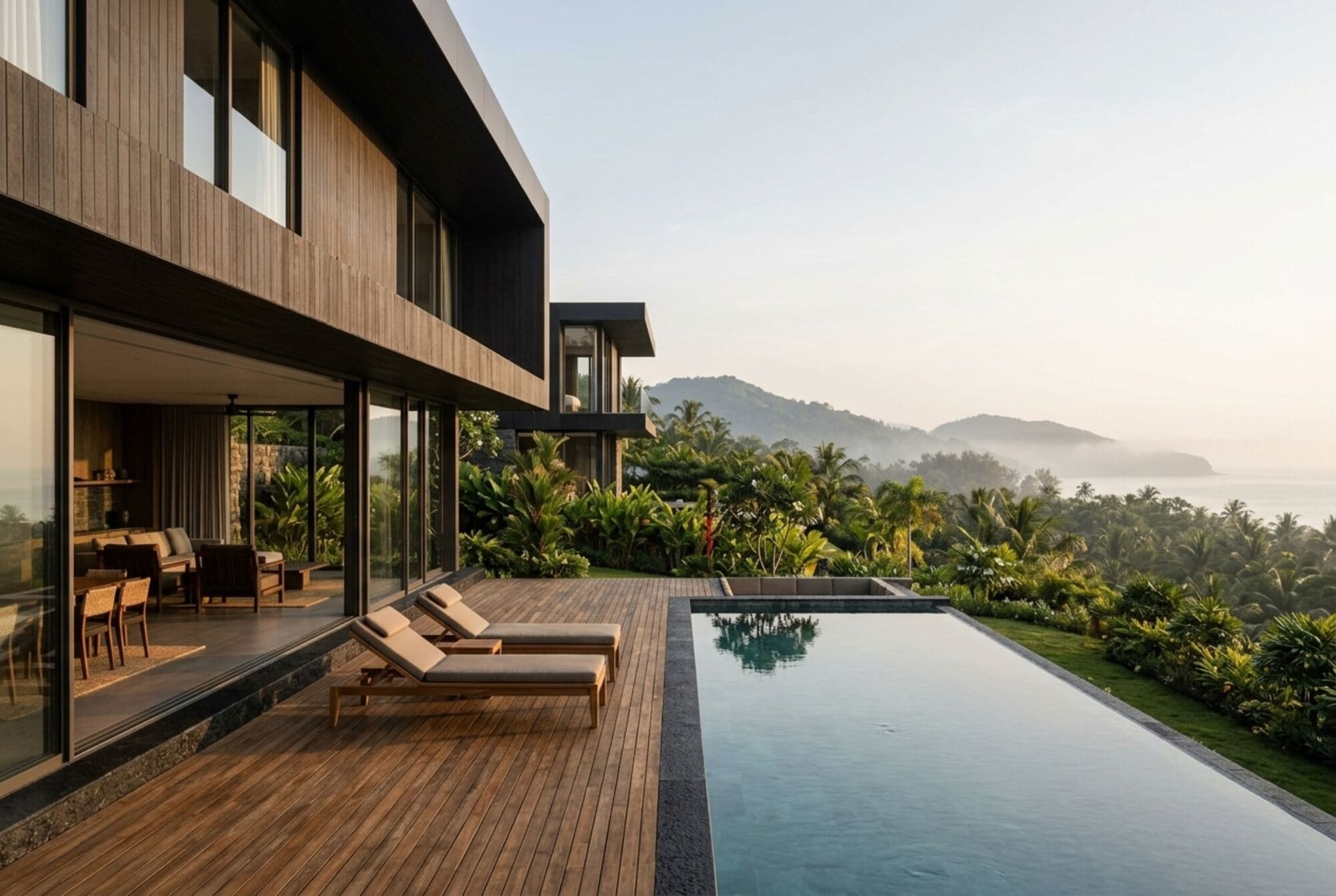 Infinity pool with a black stone edge at eight in the morning
