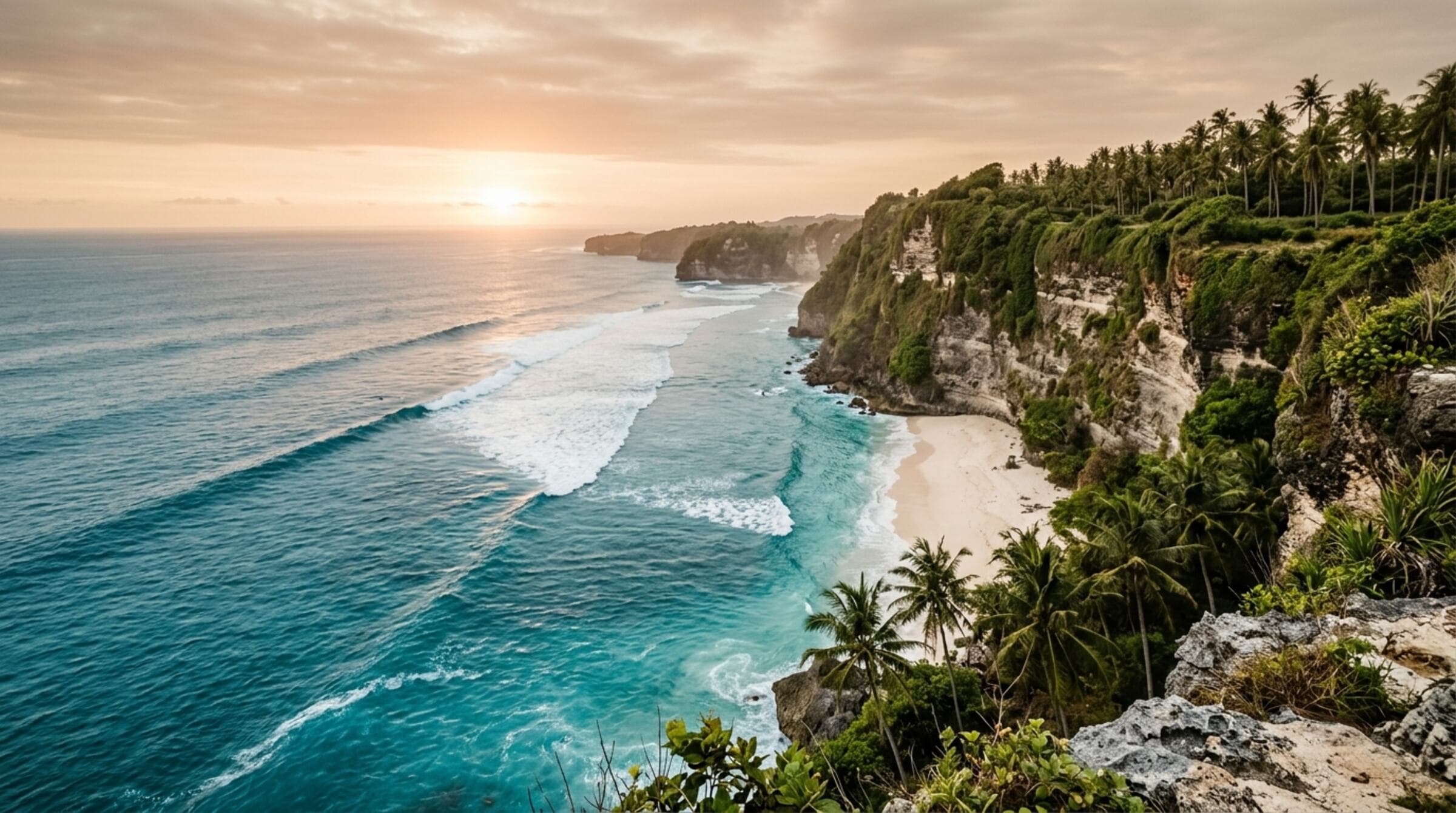 Limestone cliffs of the Bukit peninsula dropping to the sea at golden hour