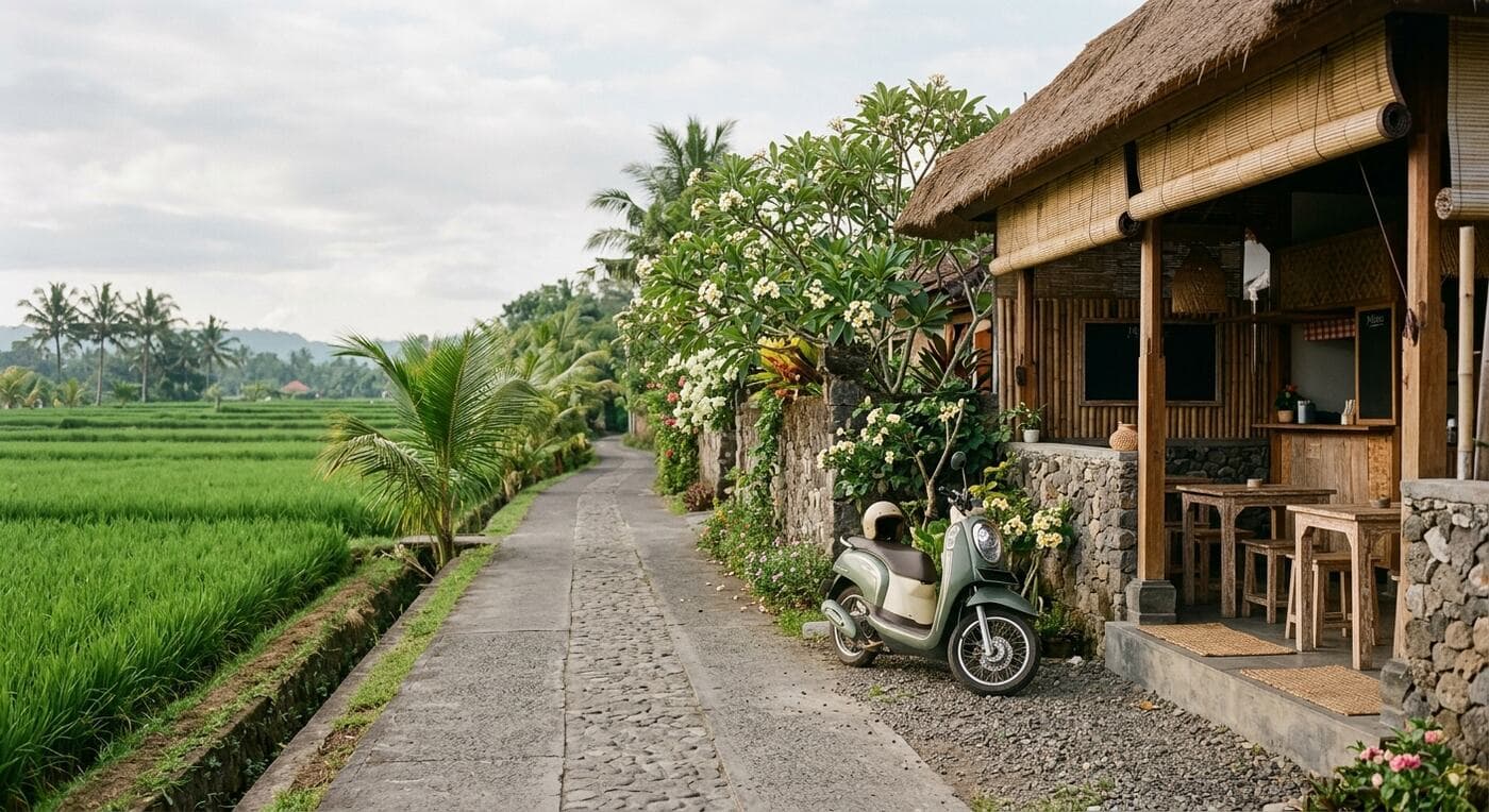 A quiet lane in Pererenan with rice fields and a warung