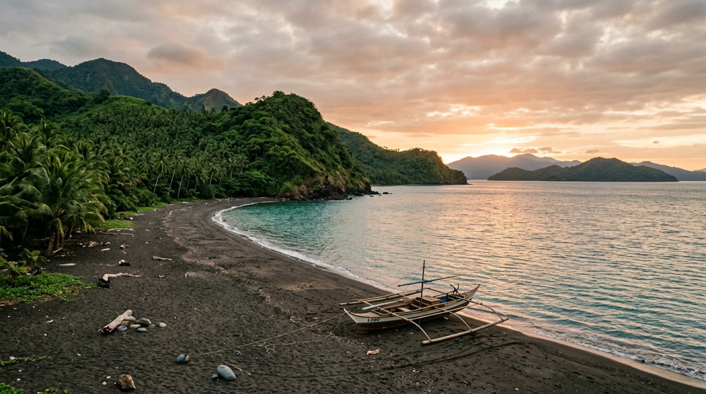 Dark sand beach and green hills on the Lobo coast at sunset