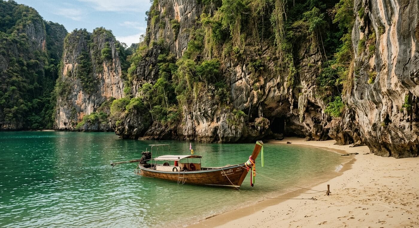 A longtail boat moored in a limestone cove
