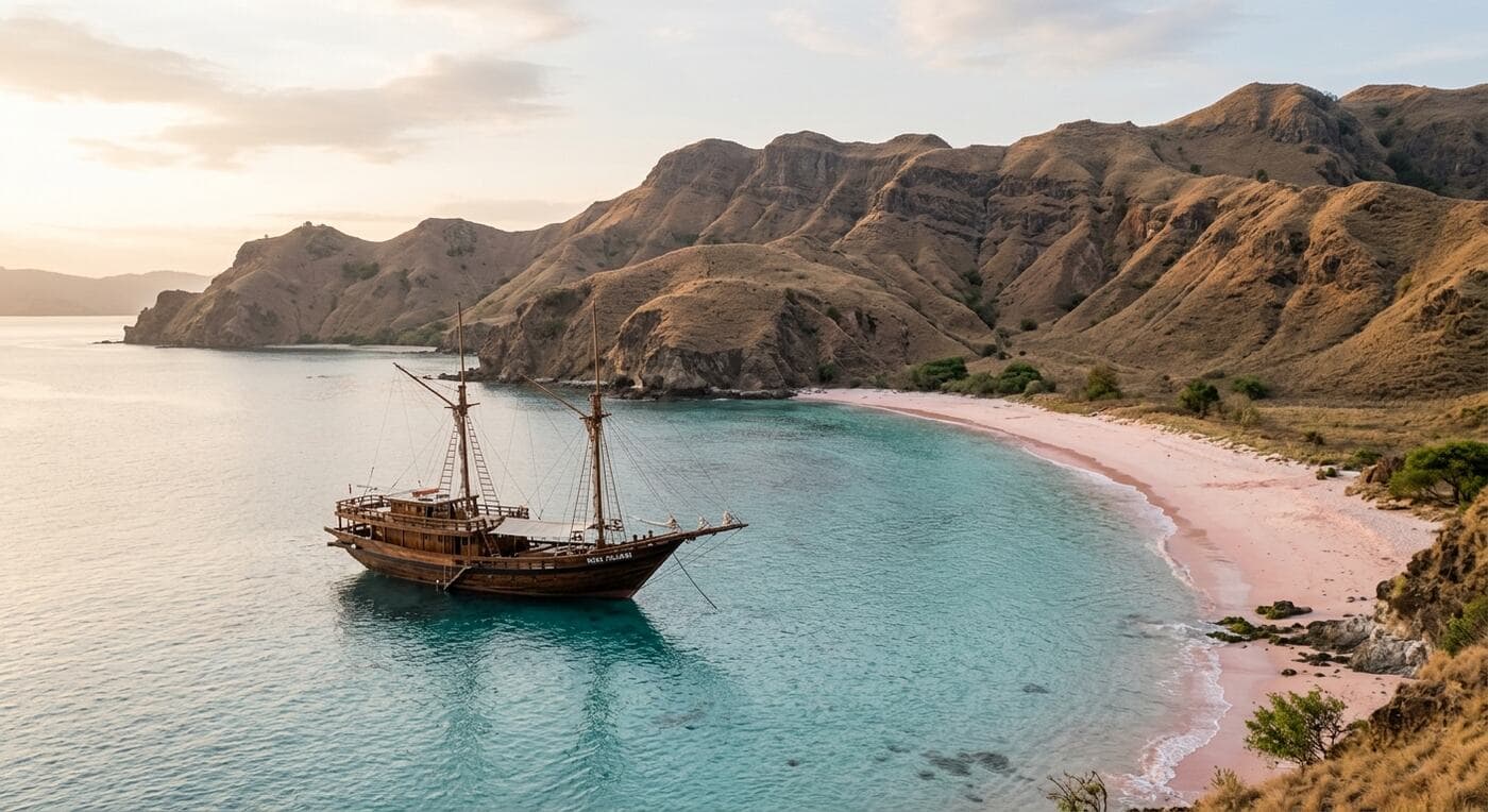 A phinisi at anchor off Padar Island near Labuan Bajo