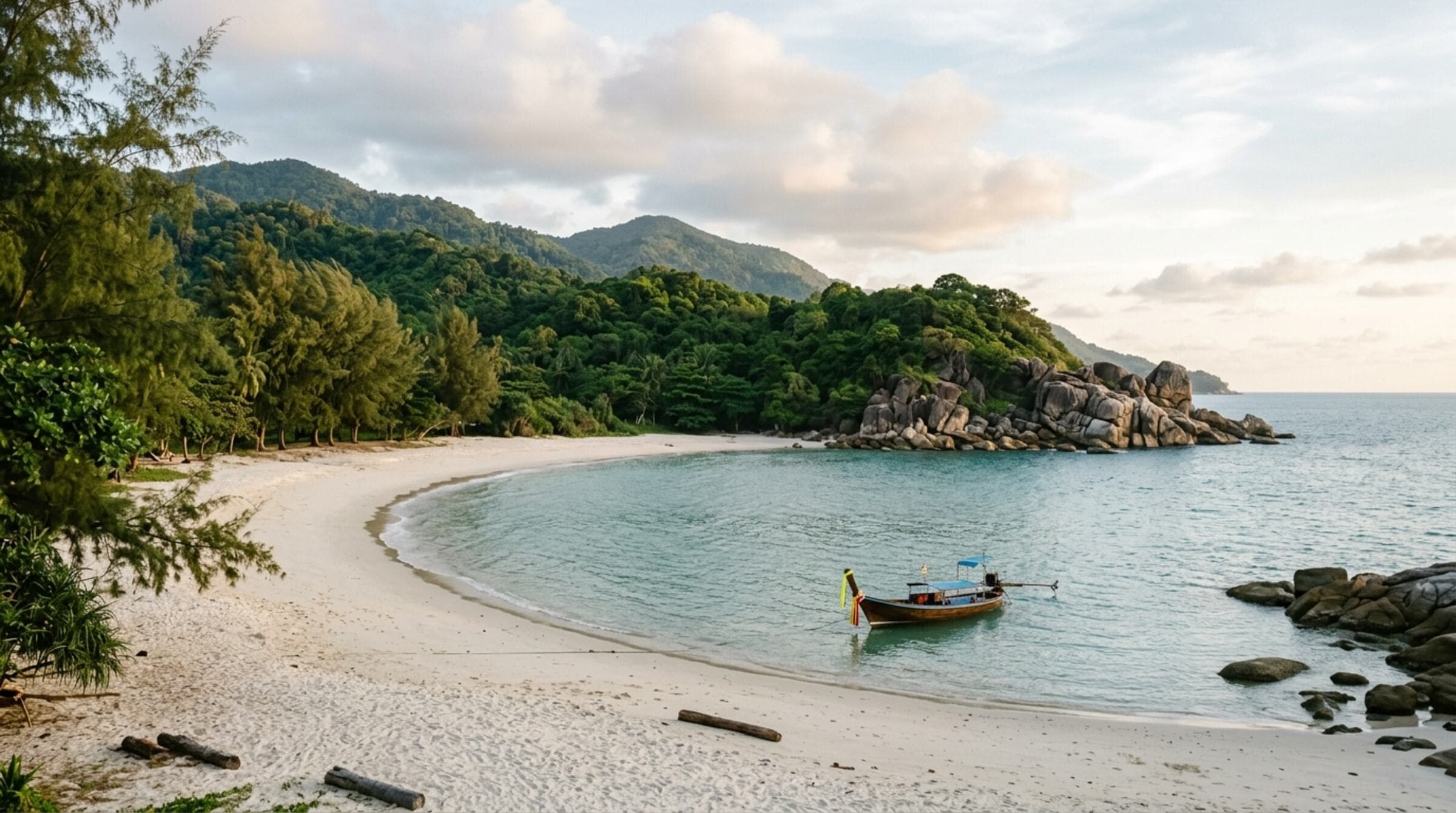 A quiet west-coast bay in Phuket with casuarinas and granite boulders