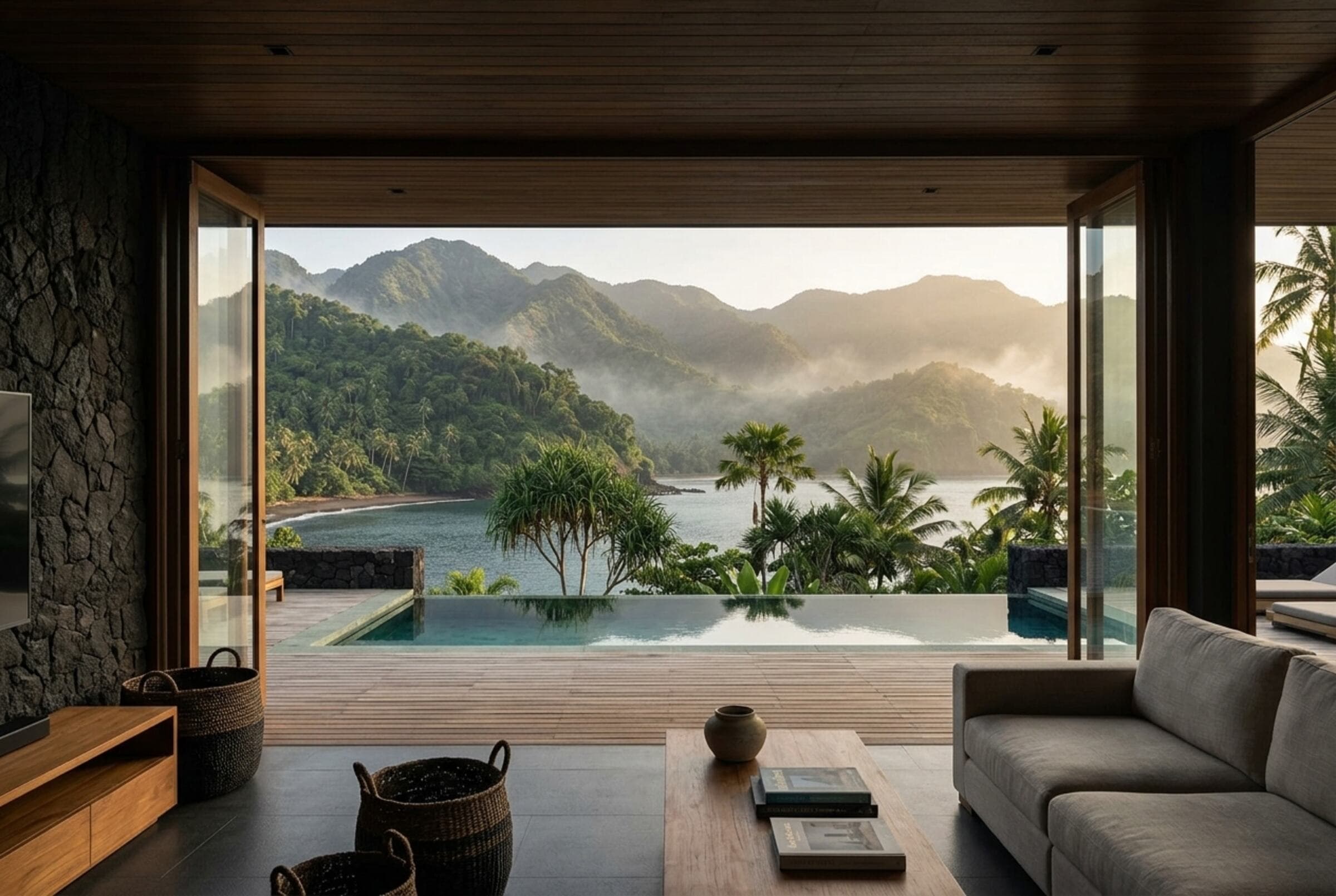Living room open to a pool and a bay ringed by green mountains